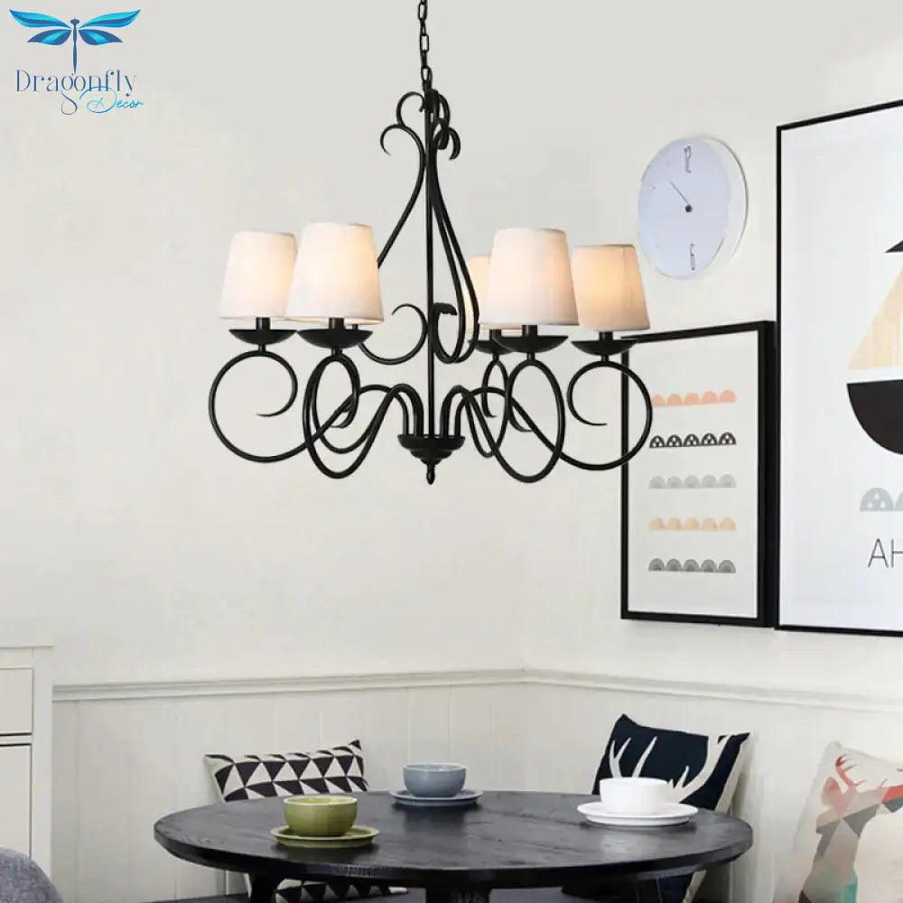 6 Lights Fabric Chandelier Light Traditional Coffee/Flaxen/White Conical Dining Room Hanging Fixture