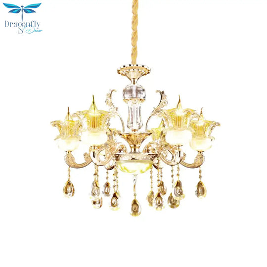 6 Lights Floral Hanging Chandelier Mid - Century Gold Crystal Ceiling Suspension Lamp