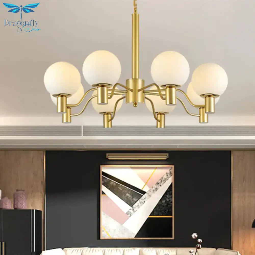 6 Lights Frosted Glass Pendant Chandelier Traditional Brass Globe Living Room Hanging Ceiling
