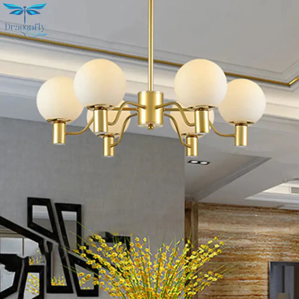 6 Lights Frosted Glass Pendant Chandelier Traditional Brass Globe Living Room Hanging Ceiling