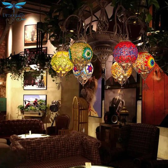 6 Lights Globe Hanging Chandelier Moroccan Brass Cut Glass Suspension Pendant For Dining Room