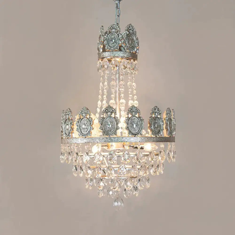 6 Lights Living Room Chandelier Lighting Lodge Silver/Gold Drop Pendant With Conical Crystal Shade