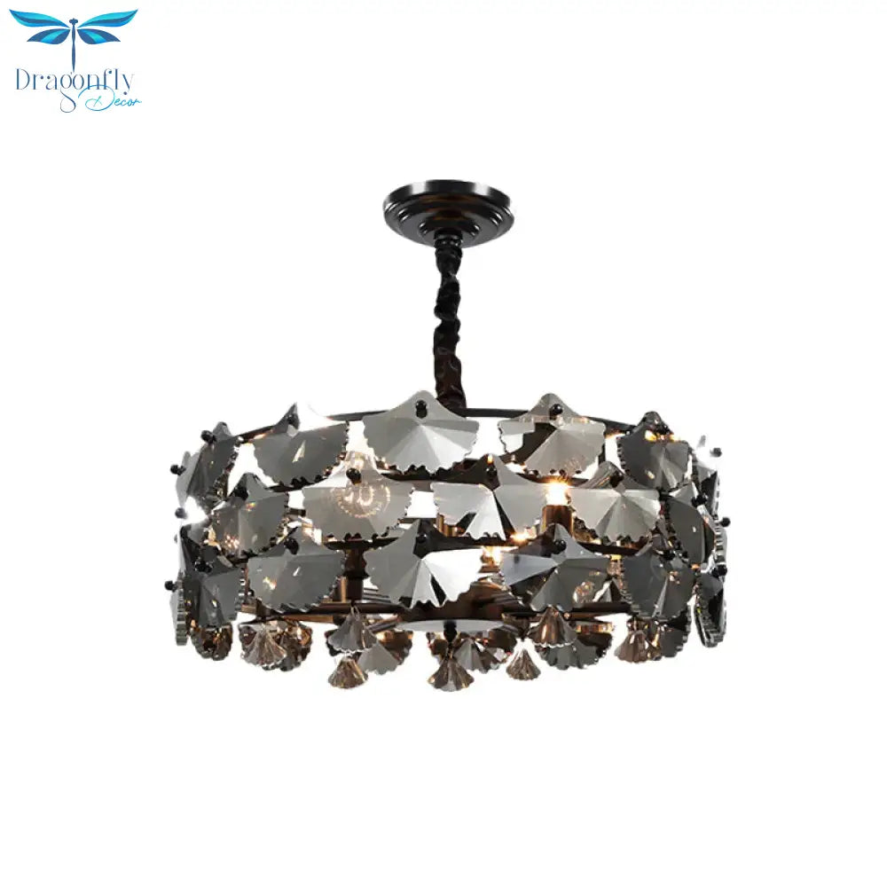 6 Lights Pendant Chandelier Modernist Drum - Shape Crystal Ginkgo Hanging Lamp In Black