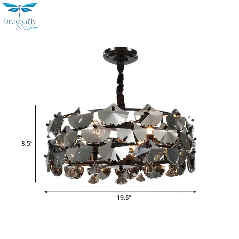 6 Lights Pendant Chandelier Modernist Drum - Shape Crystal Ginkgo Hanging Lamp In Black