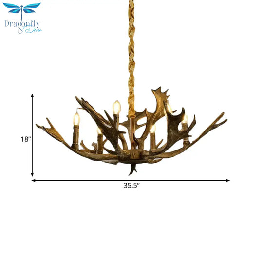 6 Lights Resin Chandelier Lamp Farmhouse Brown Candle Shape Living Room Down Lighting Pendant