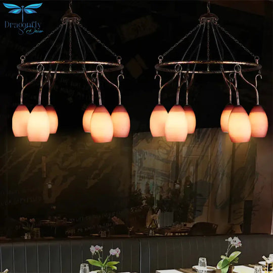6 Lights Ring Hanging Light With Pink Melon Shade Antique Glass Chandelier For Cafe