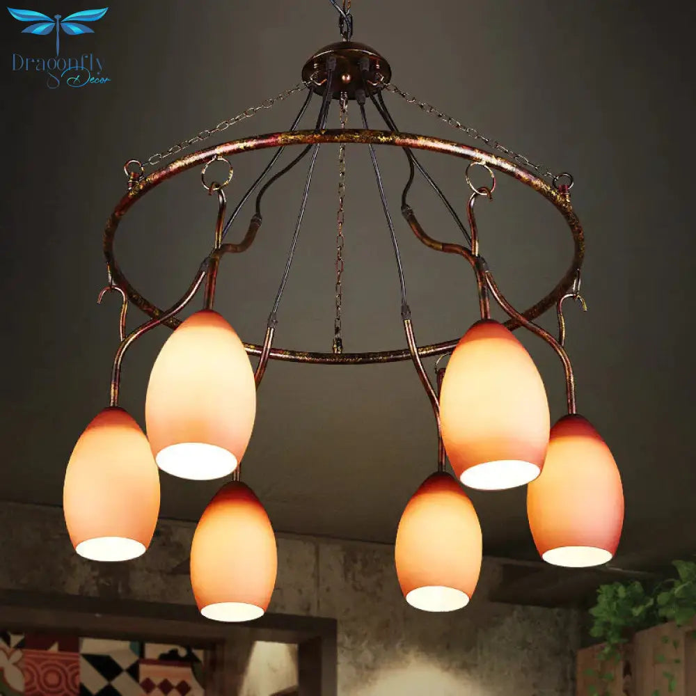 6 Lights Ring Hanging Light With Pink Melon Shade Antique Glass Chandelier For Cafe