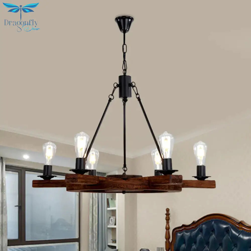 6 Lights Rudder Chandelier Light Fixture Country Brown Wood Ceiling With Bare Bulb Design For