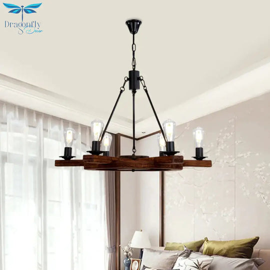 6 Lights Rudder Chandelier Light Fixture Country Brown Wood Ceiling With Bare Bulb Design For