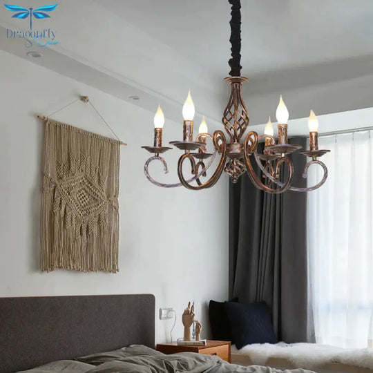 6 Lights Swirled Arm Chandelier Lamp Vintage Bronze Metal Suspension Lighting Fixture For Dining