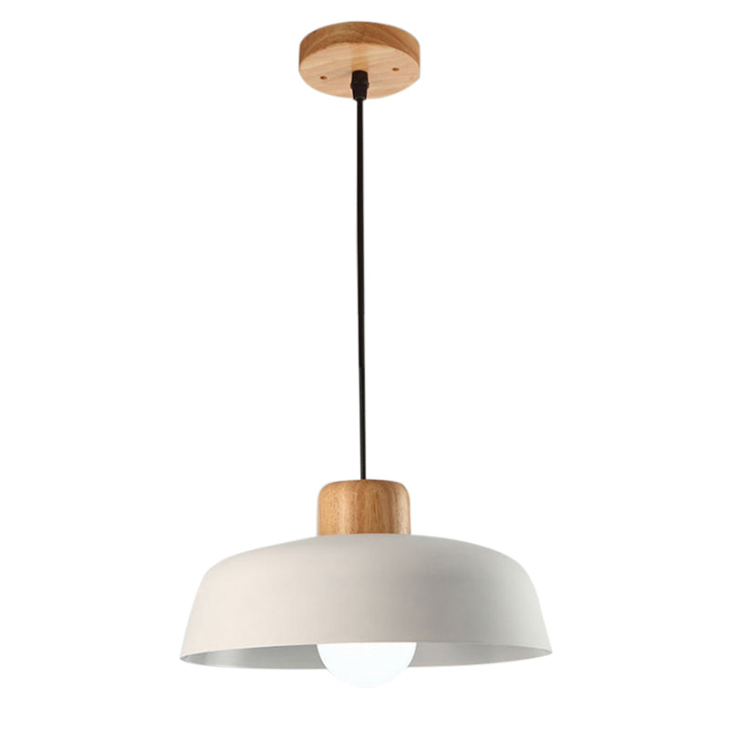 Bowl Shaped Hanging Fixture Nordic Style Black/White Metal And Wood Pendant Lighting With