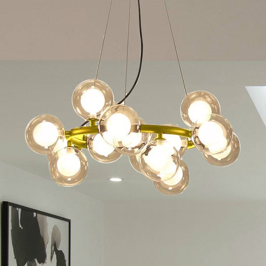 Modern Black/Gold Finish Glass 15/25 - Bulb Global Shade Chandelier Lamp With Metal Ring - Ceiling