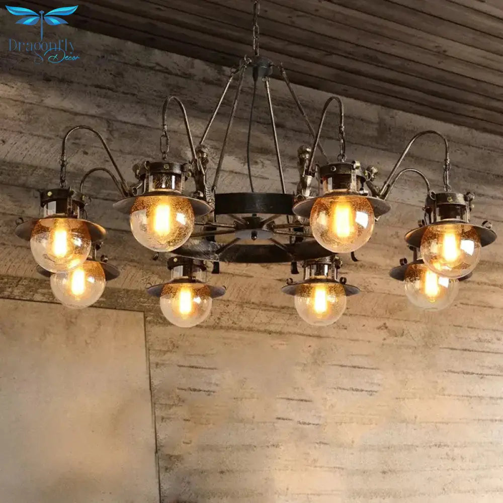 7/8 Bulbs Clear Glass Chandelier Light Country Rust Spherical Restaurant Pendant Lamp With Metal