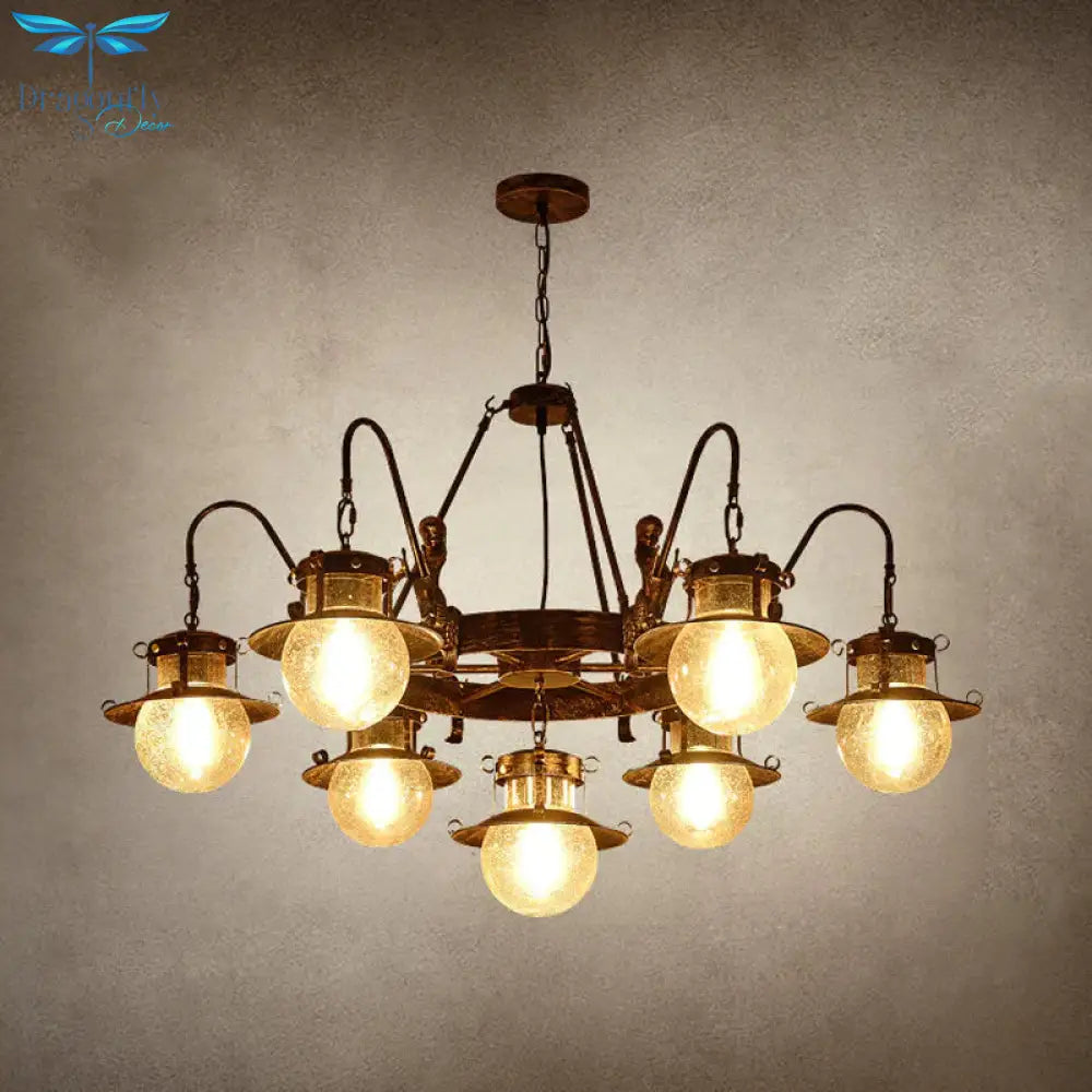 7/8 Bulbs Clear Glass Chandelier Light Country Rust Spherical Restaurant Pendant Lamp With Metal