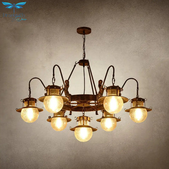 7/8 Bulbs Clear Glass Chandelier Light Country Rust Spherical Restaurant Pendant Lamp With Metal