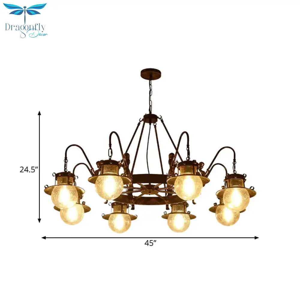7/8 Bulbs Clear Glass Chandelier Light Country Rust Spherical Restaurant Pendant Lamp With Metal