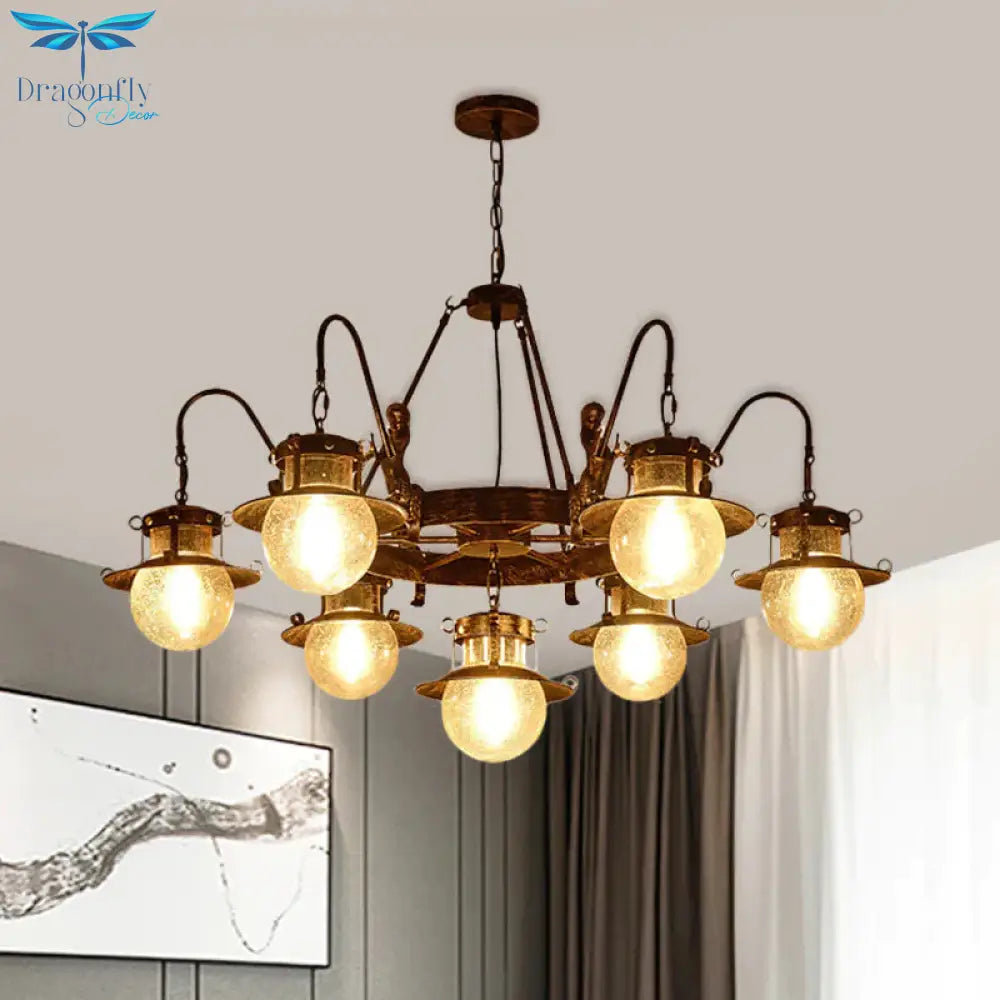 7/8 Bulbs Clear Glass Chandelier Light Country Rust Spherical Restaurant Pendant Lamp With Metal
