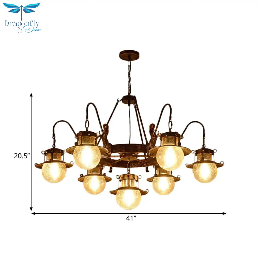 7/8 Bulbs Clear Glass Chandelier Light Country Rust Spherical Restaurant Pendant Lamp With Metal