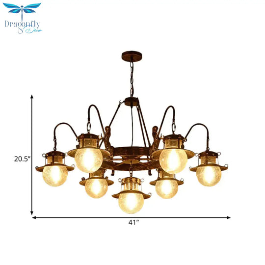 7/8 Bulbs Clear Glass Chandelier Light Country Rust Spherical Restaurant Pendant Lamp With Metal