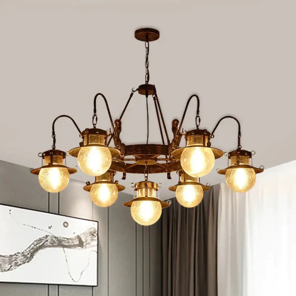 7/8 Bulbs Clear Glass Chandelier Light Country Rust Spherical Restaurant Pendant Lamp With Metal