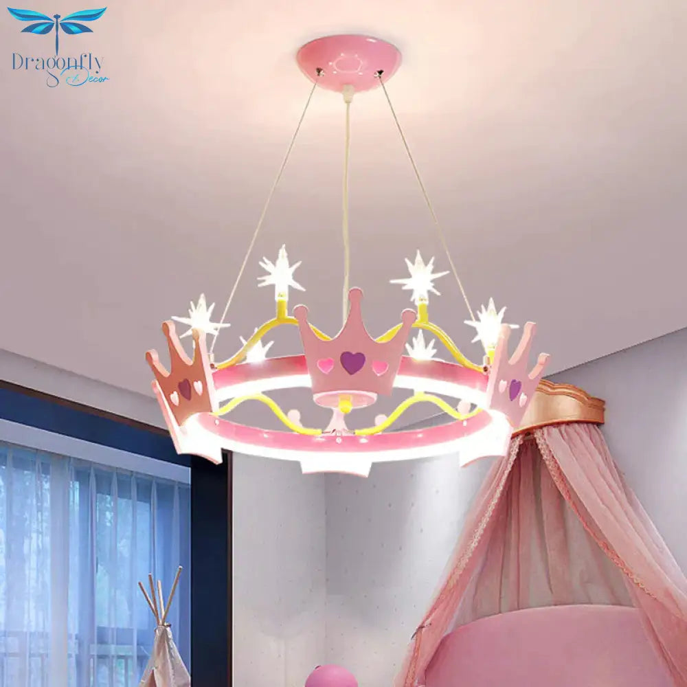 7 Bulbs Girl Room Hanging Chandelier Kid Pink Pendant Lamp With Butterfly/Crown Acrylic Shade