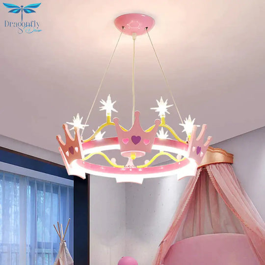 7 Bulbs Girl Room Hanging Chandelier Kid Pink Pendant Lamp With Butterfly/Crown Acrylic Shade
