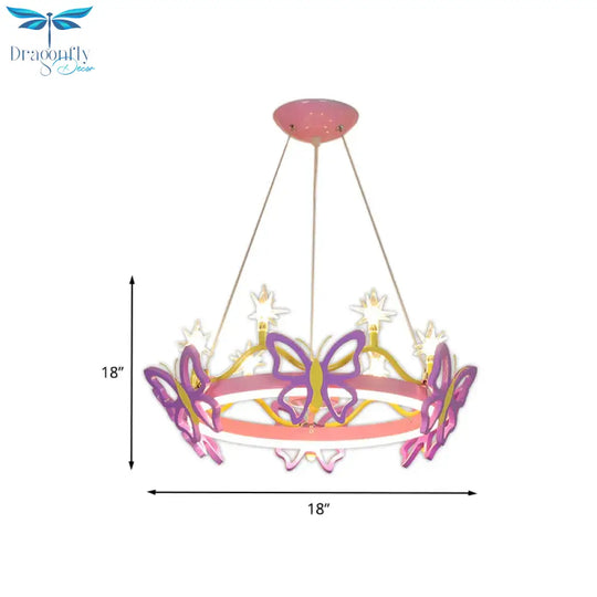 7 Bulbs Girl Room Hanging Chandelier Kid Pink Pendant Lamp With Butterfly/Crown Acrylic Shade