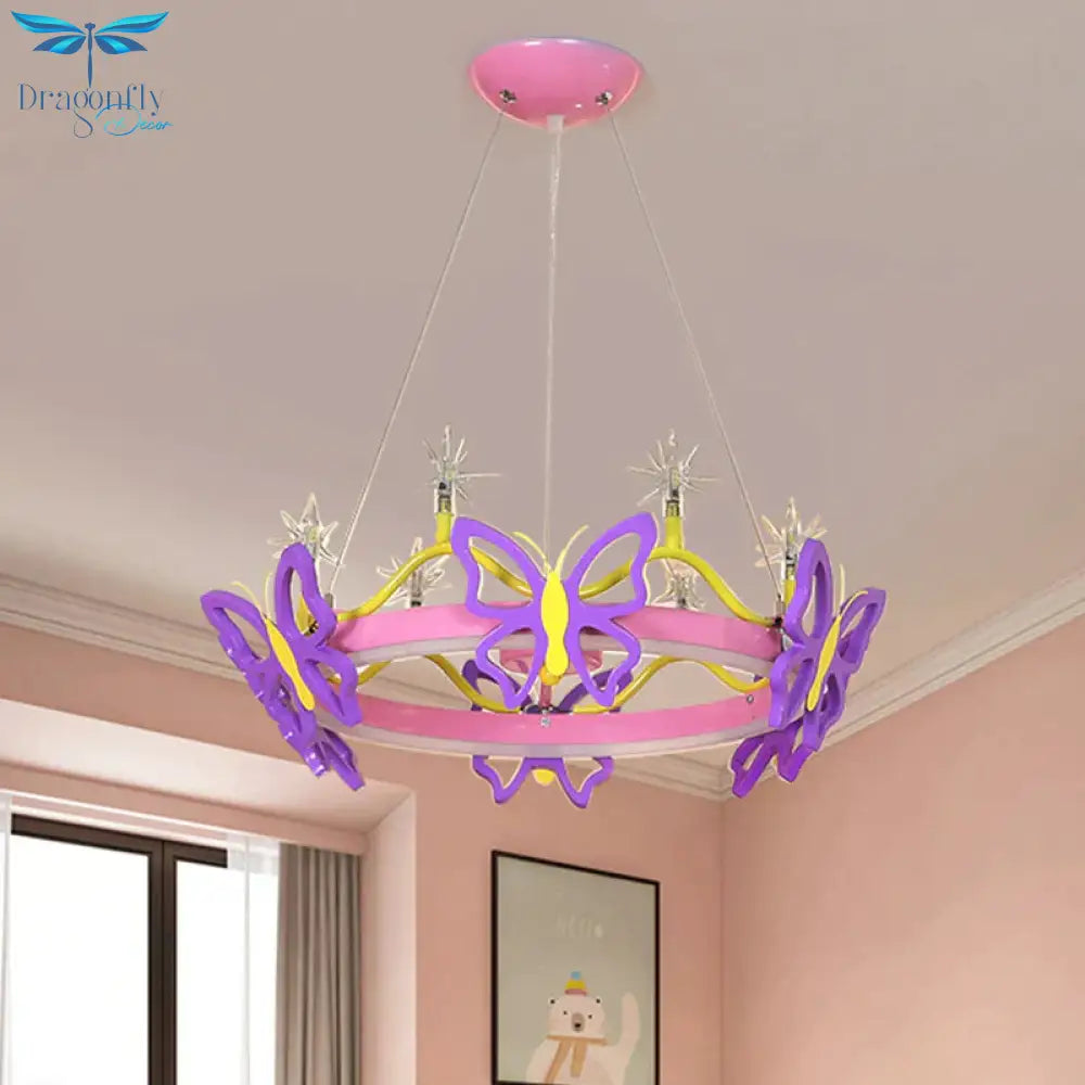 7 Bulbs Girl Room Hanging Chandelier Kid Pink Pendant Lamp With Butterfly/Crown Acrylic Shade