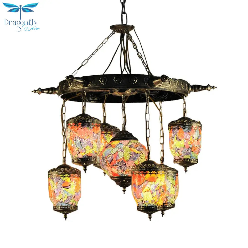 7 Bulbs Purple Glass Chandelier Pendant Art Deco Bronze Gyroscope Restaurant Hanging Lamp With