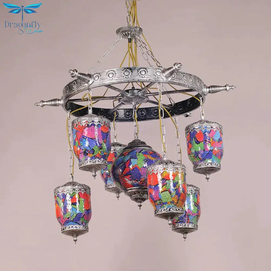 7 Bulbs Purple Glass Chandelier Pendant Art Deco Bronze Gyroscope Restaurant Hanging Lamp With