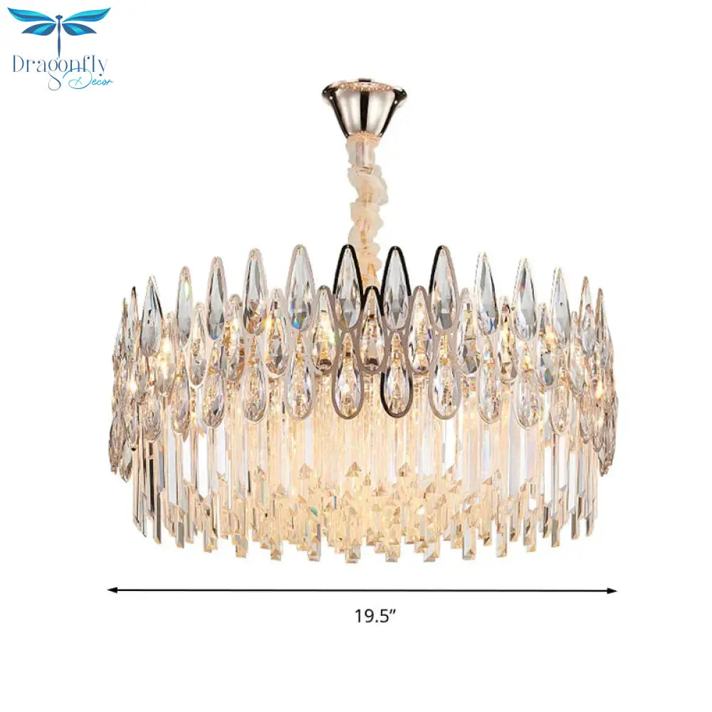 7 Heads Drum Chandelier Pendant Light Simple Clear Teardrop Crystal Hanging Ceiling