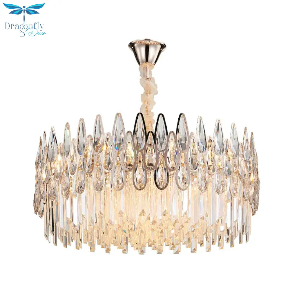 7 Heads Drum Chandelier Pendant Light Simple Clear Teardrop Crystal Hanging Ceiling