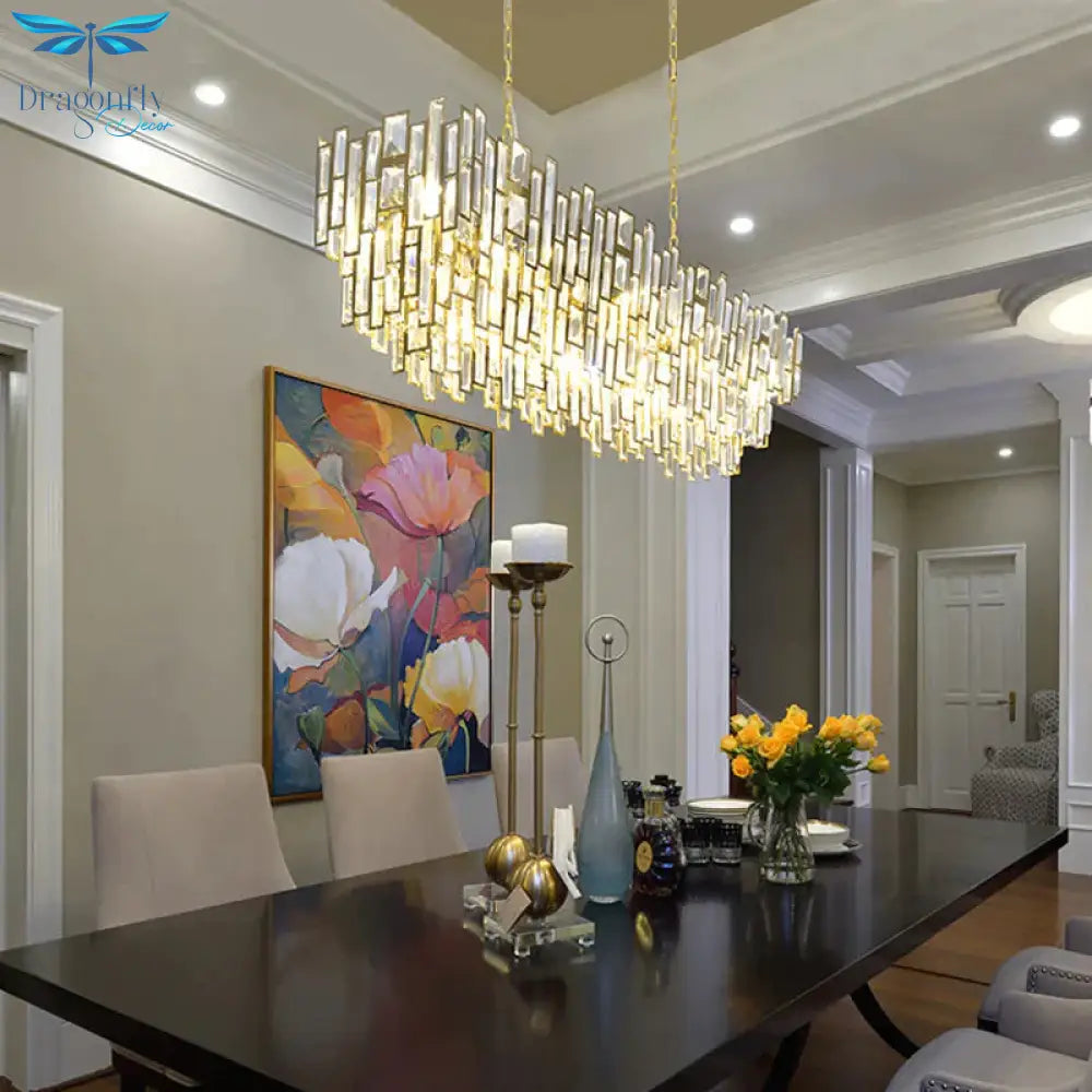 7 Heads Rectangle - Cut Crystal Ceiling Lamp Postmodern Gold Oval Dining Room Chandelier Pendant