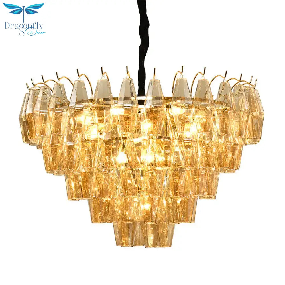 7 Lights Chandelier Traditional Living Room Pendant Lamp With Conical Amber Glass Shade