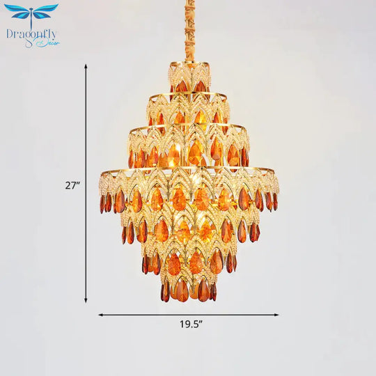 7 - Tier Tapered Dining Room Hanging Light Retro Tan Crystal 8 Heads Gold Chandelier Pendant