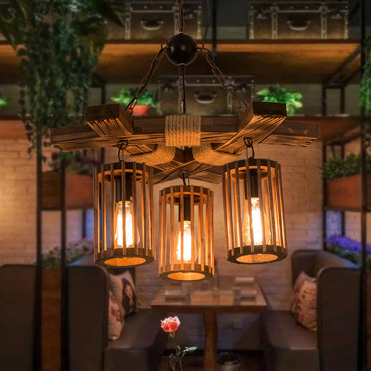 Tseen Kee - Vintage Wood Brown Chandelier Cylinder Pendant Light (3/6 - Light) 3 /