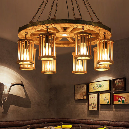 Franã§Oise - Retro Cylinder Chandelier Light Fixture 8 - Bulb Wood Ceiling Pendant With Wheel For