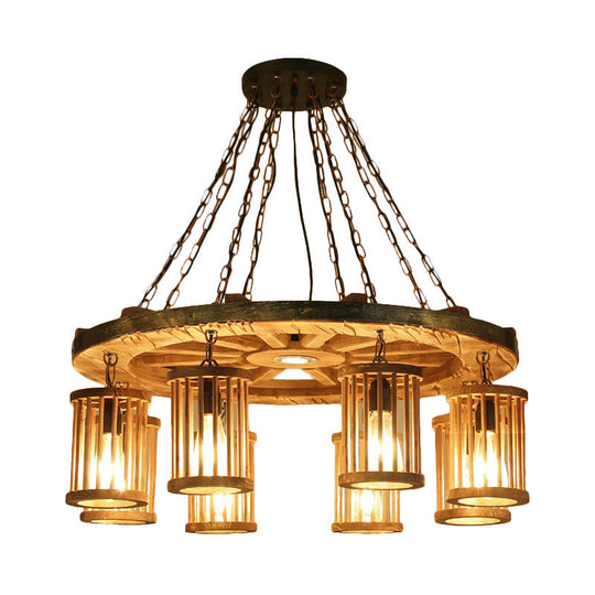 Franã§Oise - Retro Cylinder Chandelier Light Fixture 8 - Bulb Wood Ceiling Pendant With Wheel For