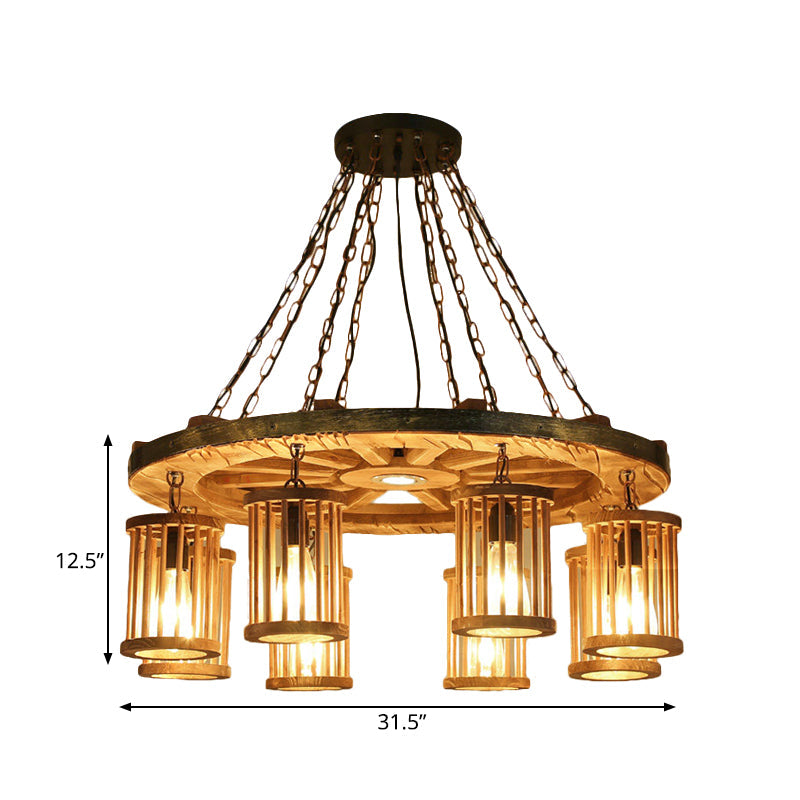 Franã§Oise - Retro Cylinder Chandelier Light Fixture 8 - Bulb Wood Ceiling Pendant With Wheel For