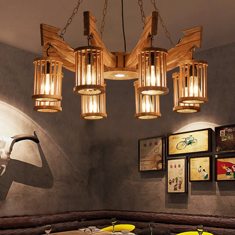 Nashira - Brown 6/8 - Head Cylinder Chandelier Lighting Fixture Industrial Wood Hanging Ceiling