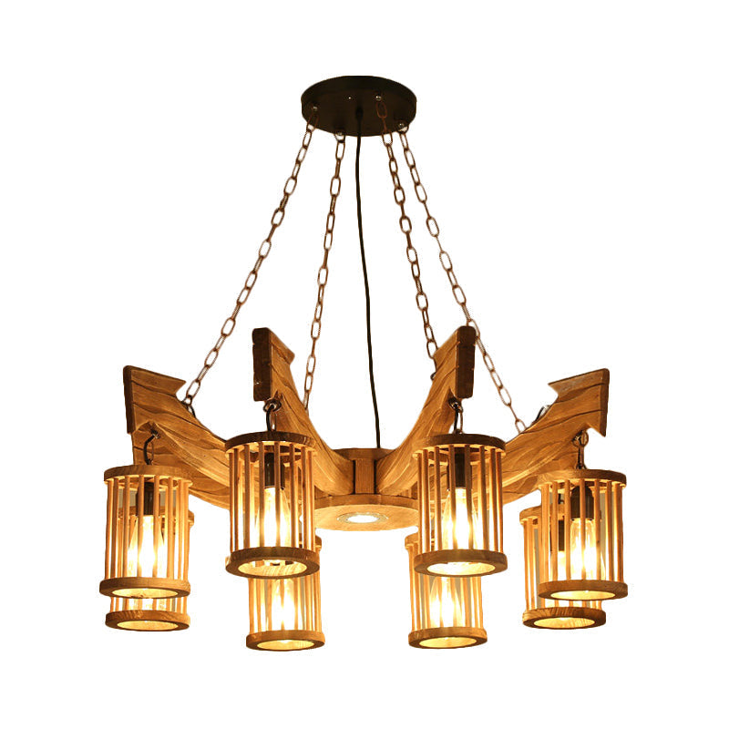 Nashira - Brown 6/8 - Head Cylinder Chandelier Lighting Fixture Industrial Wood Hanging Ceiling