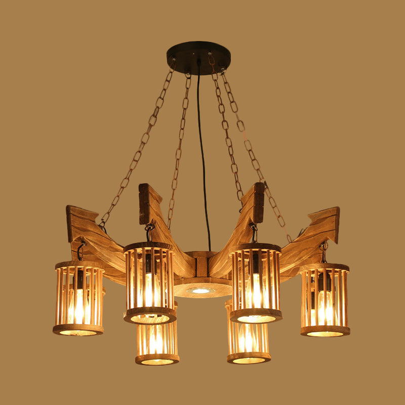 Nashira - Brown 6/8 - Head Cylinder Chandelier Lighting Fixture Industrial Wood Hanging Ceiling