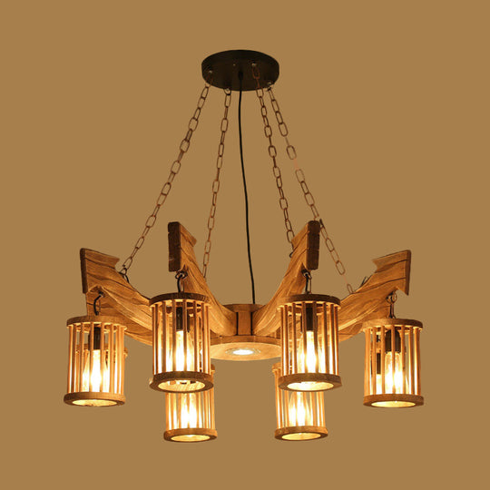 Nashira - Brown 6/8 - Head Cylinder Chandelier Lighting Fixture Industrial Wood Hanging Ceiling