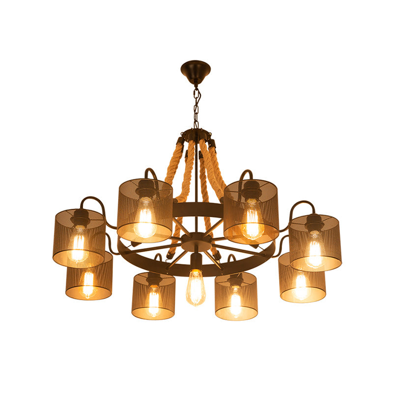 Marta - 9/13 - Light Metal Black Chandelier: Farmhouse Rope Pendant Fixture