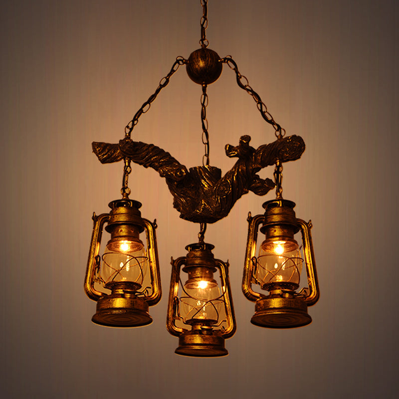 Ginevra - Coastal Brass Lantern Chandelier With Clear Glass &amp; Resin Branch Beam