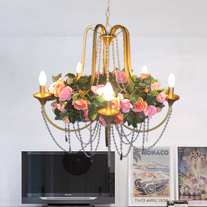 Rose - Antique 5 Heads Iron Chandelier Lighting Gold Candlestick Restaurant Flower Ceiling Lamp