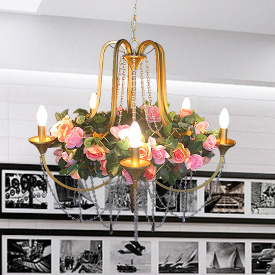 Rose - Antique 5 Heads Iron Chandelier Lighting Gold Candlestick Restaurant Flower Ceiling Lamp