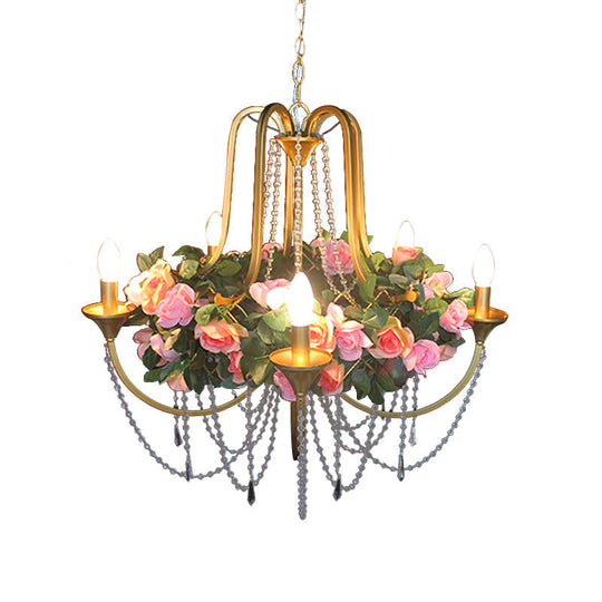 Rose - Antique 5 Heads Iron Chandelier Lighting Gold Candlestick Restaurant Flower Ceiling Lamp