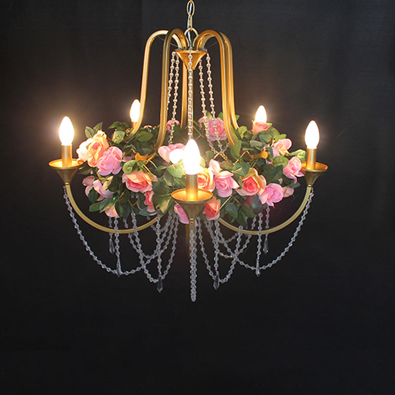 Rose - Antique 5 Heads Iron Chandelier Lighting Gold Candlestick Restaurant Flower Ceiling Lamp