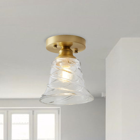 Industrial - Style Cone Glass Ceiling Light - Single Bulb Semi Flush Mount Fixture In Brass With